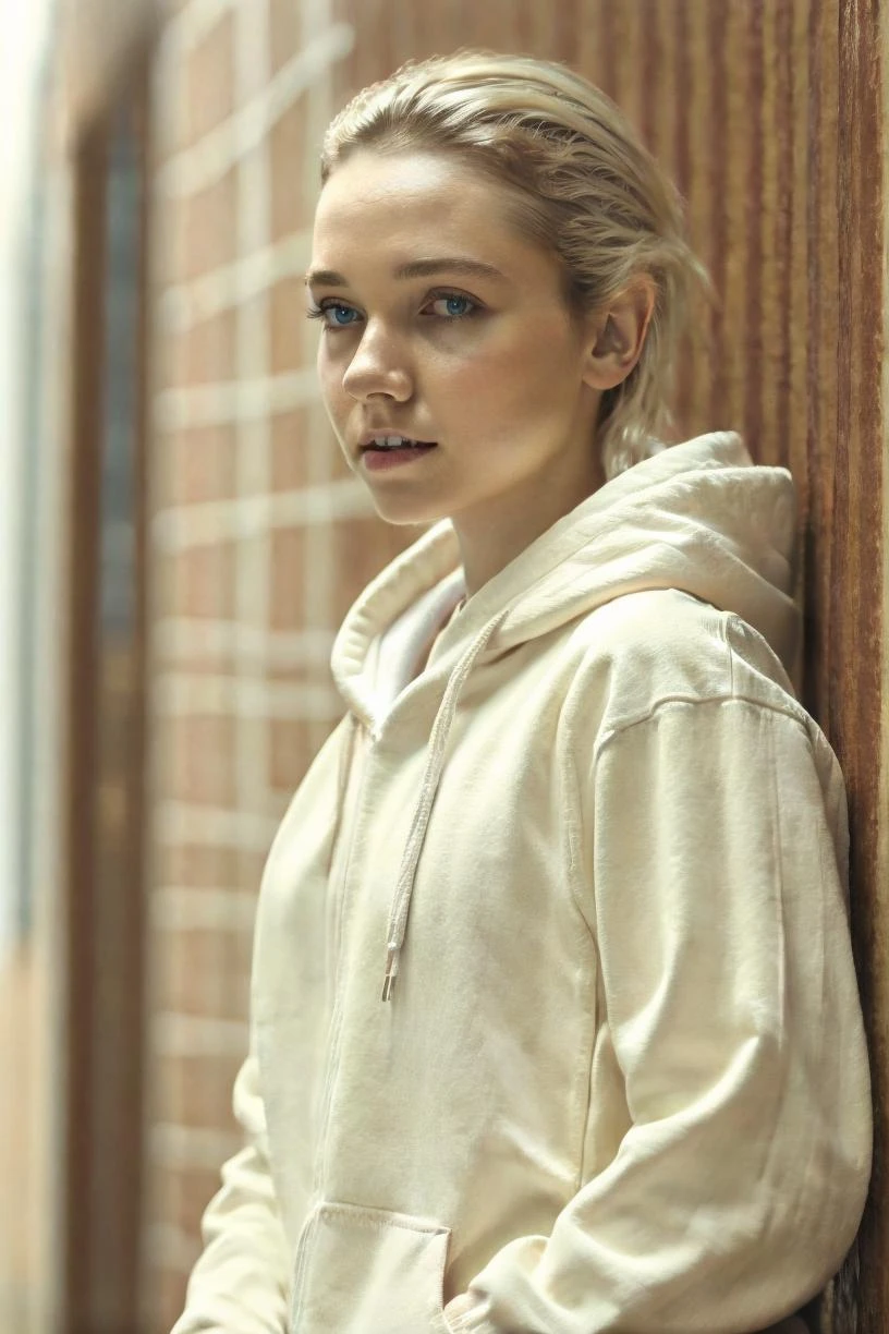 a profesional photo of 1 girl , <lora:Julia_Sarah_Stone_v2:0.7> blonde hair, delicate face, slender body, big eyes, young girl, woman, small breasts, wearing Cropped sweatpants, oversized hoodie, slides in Princess cut diamond color, leaning against a wall with one hand above head, in gothic mansion , intricate details, ((best quality)), ((masterpiece)) ((vibrant colors)) ((dynamic lights)) bokeh, detailed background, detailed skin, detailed face, cowoby shot, full body, detailed cahracter, focus on character , vibrant colors,clear, detailed hands, perfect face, <hypernet:sxzBloom_sxzBloom:0.6> hotify fFaceDetail , <lora:add_detail:0.4>