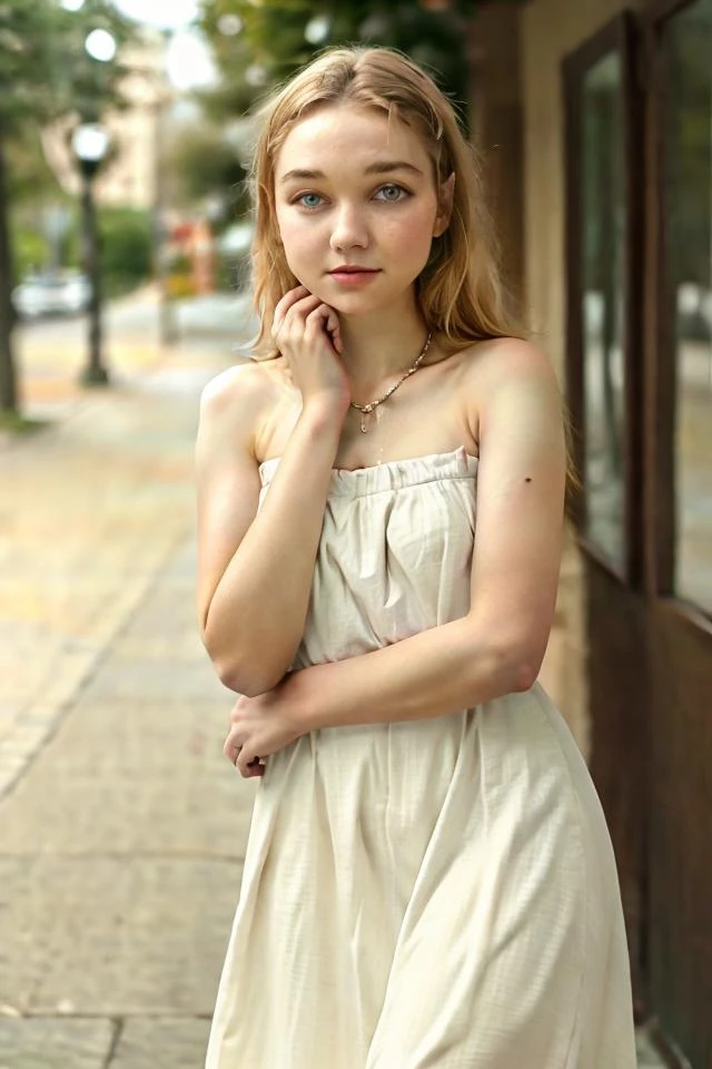 a profesional photo of 1 girl covering face pose on molo <lora:Julia_Sarah_Stone_v2:0.7> blonde hair, delicate face, slender body, big eyes, young girl, woman, small breasts , wearing Strapless maxi dress with a high-low hemline intricate details, ((best quality)), ((masterpiece)) ((vibrant colors)) ((dynamic lights)) bokeh, detailed background, detailed skin, detailed face, cowoby shot, full body, detailed cahracter, focus on character , vibrant colors,clear, detailed hands, perfect face,