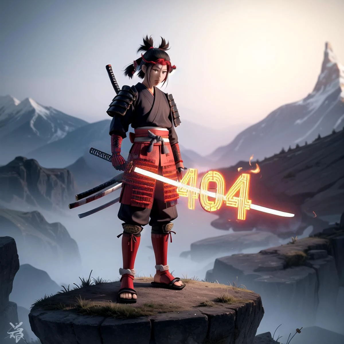 samurai, holding katana, mountain