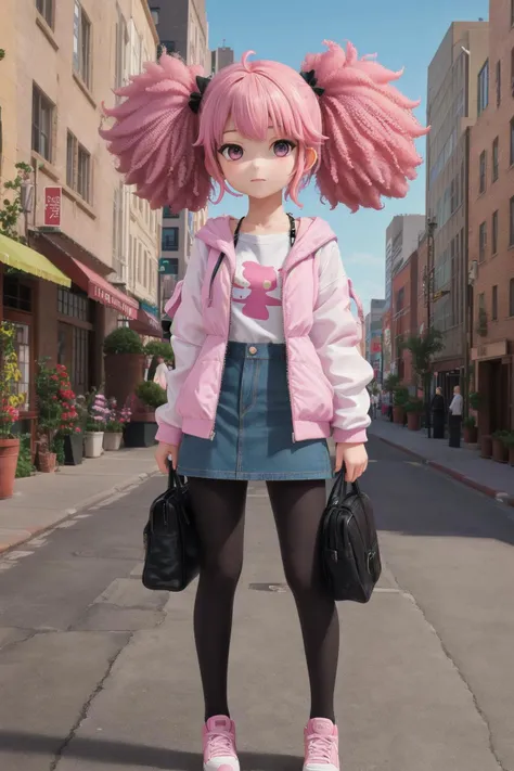 a close up of a person with pink hair and a pink jacket