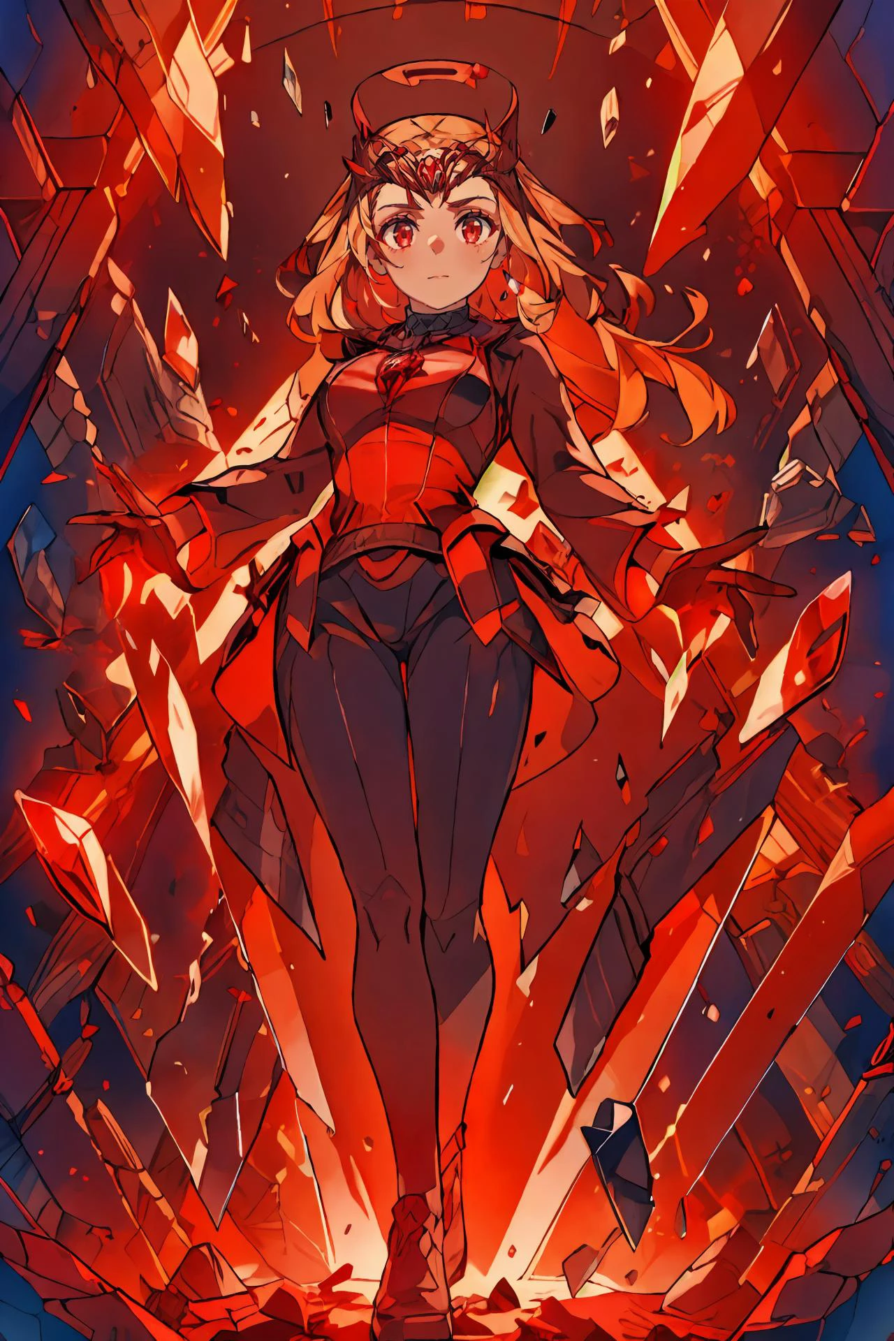 masterpiece, best quality, cinematic, volumetric lighting, very detailed, high resolution, sharp, sharp image, 4k, 8k, 35 mm,
<lora:ScarletWitch_DrStrange_ElizabethOlsen_smf_lora_v1:0.9>, 1girl, s0a4l3t31td-smf, bodysuit, solo, blonde hair, long hair, looking at viewer, orange hair, lips, magic, realistic, standing, long sleeves, brown hair, gloves, tiara, jewelry, closed mouth, glowing, red magic, red light, broken glass, full body, red eyes,
<lora:add_detail:0.4>, red glowing energy, red glowing orbs, ruined temple, destroyed temple, fire, red clouds