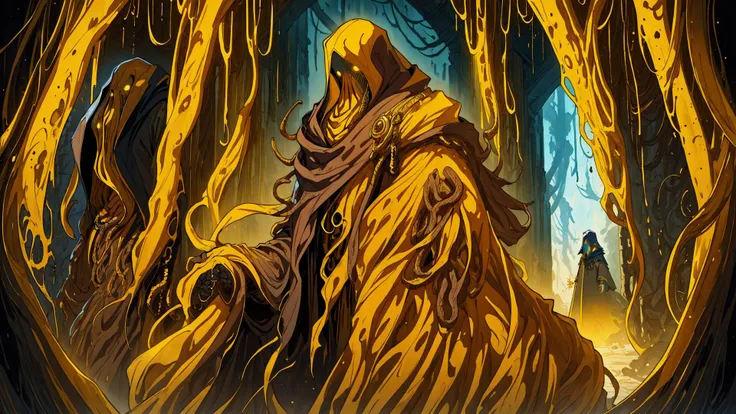 artistic hastur, king in yellow, walking through a darkened doorway, hooded yellow robe, torn robe, tentacle arms, tentacle from bottom of robe, face black and hidden, the doorway is wooden, lit by blue flamed sconces, backlit, exceptional lighting detail <lora:artsy hastur_5808:1> <lora:Hastur-000001:1><lora:EnvyBetterHiresFixXL01:hr=1>