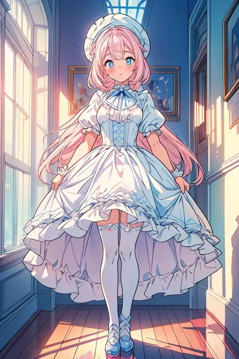 (masterpiece, best quality), 1girl, blue and white frill dress, (white stockings), pink hair, cute face, standing, indoor, intricate detail, sunlight, <lora:add_detail:1>