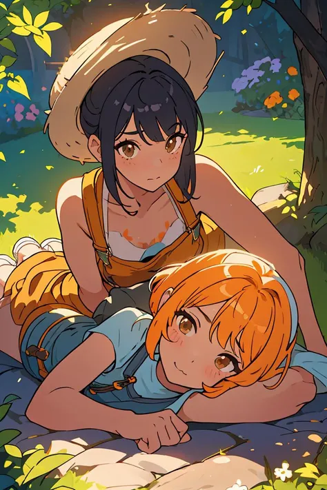 (masterpiece, best quality), female  adult, shapely, central asian, brown eyes, asymmetrical ears,  narrow chin, overbite jaw,    unique body art,  dimples, tangerine fringe haircut hair, delight wearing capri overalls, wrap-around top,  wide-brimmed hat,, lying on side, lying on the side with a coy and alluring expression, creating a captivating and intimate pose, romantic, a combination of soft lighting, warm tones, and gentle shadows to enhance the romantic atmosphere, a sunny garden party, with friends enjoying refreshments and engaging in lively discussions