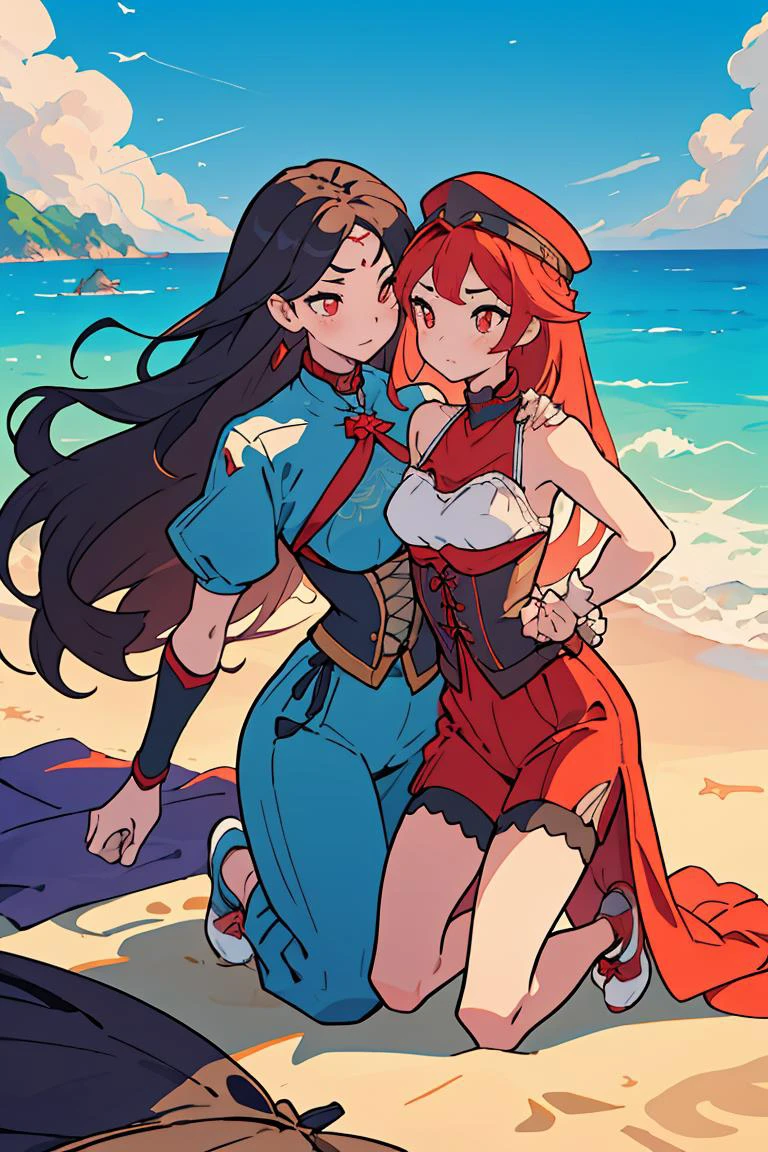 (masterpiece, best quality), female hundred years old, voluptuous, southeast asian, ruby red eyes, folded ears, u-shaped jaw, high cheekbones, straight forehead, elegantly arched feet, natural "no-makeup" makeup , aqua long and straight hair, joy wearing high-waisted culottes, lace-up corset top, slip-on sneakers, sinamay hat,, kneeling pose, kneeling with an alluring gaze, evoking a sense of vulnerability and passion, silhouettes, characters outlined against a bright background, evoking intimacy without explicit details, a sunny beach, with families building sandcastles and enjoying the ocean