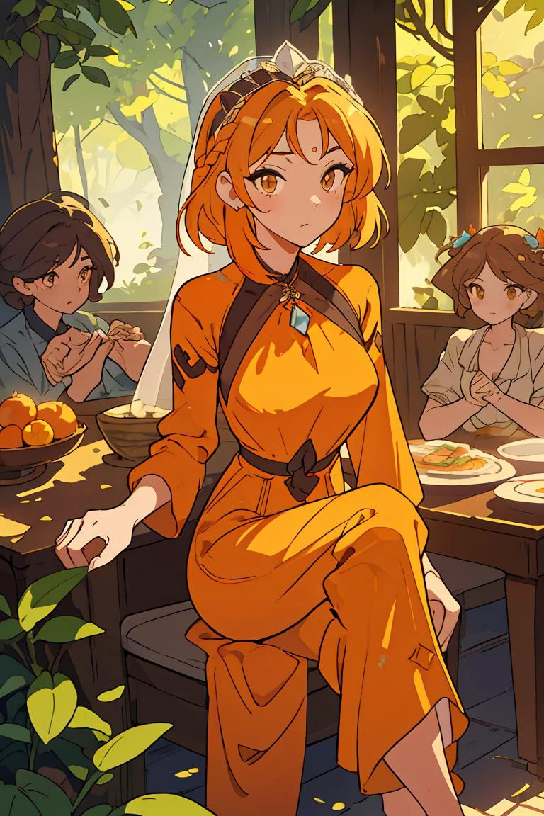 (masterpiece, best quality), female retirement age, compact, maori, chestnut eyes, unique jaw, diamond face shape, , tangerine wavy haircut hair, sarcasm wearing wide-leg jumpsuit, g-string, veil,, crossed legs, standing with legs crossed, showcasing elegance and seduction, dappled lighting, sunlight filtering through leaves, creating a romantic and whimsical atmosphere, a family dinner gathering, with a beautifully set table and heartfelt conversations