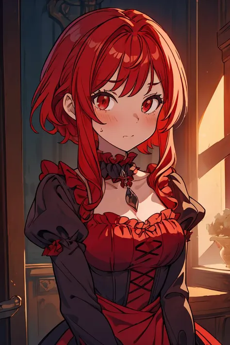 (masterpiece, best quality), 1girl, red hair, medium chest, gothic frill dress, pervert face, <lora:add_detail:1>