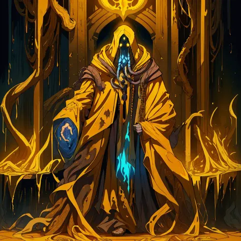 artistic hastur, king in yellow, walking through a darkened doorway, hooded yellow robe, torn robe, tentacle arms, tentacle from bottom of robe, face black and hidden, the doorway is wooden, lit by blue flamed sconces, backlit, exceptional lighting detail <lora:artsy hastur_5808:1> <lora:Hastur-000001:1>