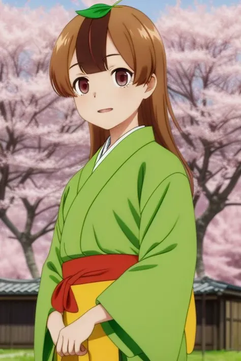 a young girl, (<lora:Mameda V1>:0.8), Daikokutei Mameda, (green leaf on head), cherry trees blooming in the background, bokeh, posing for photo, sunny, cowboy shot, wearing a kimono, long hair, detailed clothing