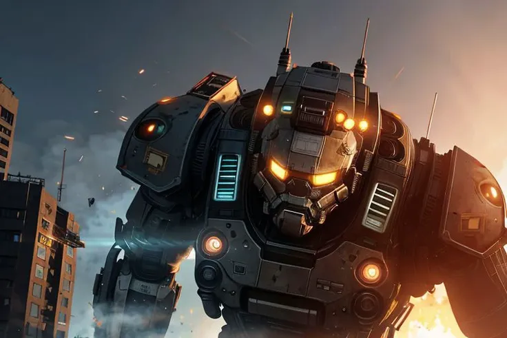 dark city, demolished houses, garbage, fire and explosions, sci-fi, post apocalyptic, cinematic light, robotic machines (style titanfall 2)