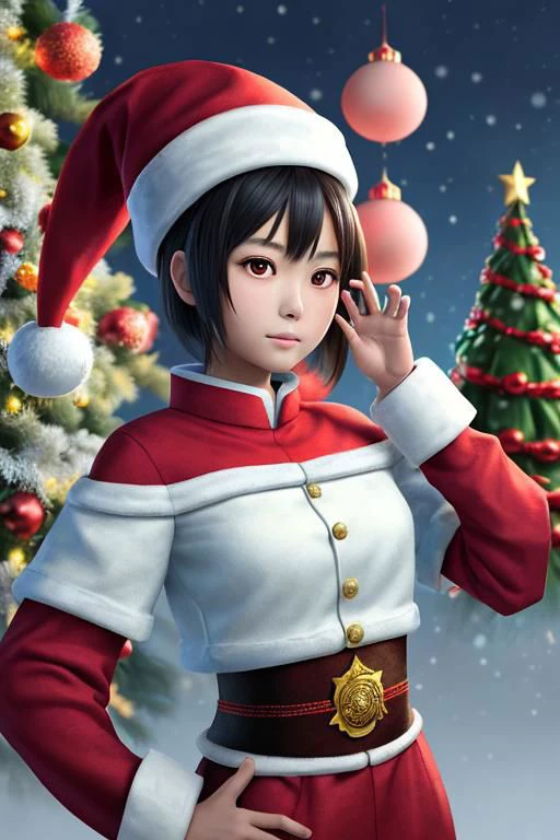 beautiful asian girl in santa claus suit with white ornament in front of christmas tree, in the style of #vfxfriday, imitated material, photobash, gongbi, babycore, red and blue, angura kei --ar 75:74 --niji 5