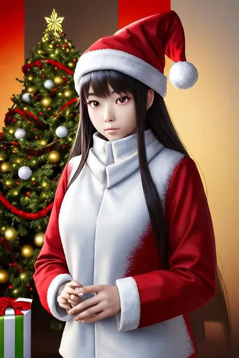 beautiful asian girl in santa claus suit with white ornament in front of christmas tree, in the style of #vfxfriday, imitated material, photobash, gongbi, babycore, red and blue, angura kei --ar 75:74 --niji 5