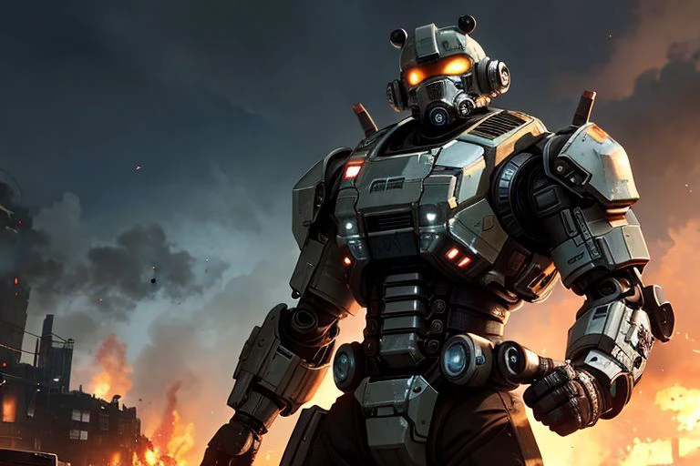 dark city, demolished houses, garbage, fire and explosions, sci-fi, post apocalyptic, cinematic light, robotic machines (style titanfall 2)