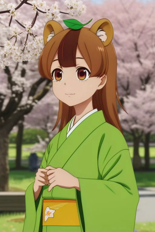 a young girl, (<lora:Mameda V1>:0.8), Daikokutei Mameda, (green leaf on head), cherry trees blooming in the background, bokeh, posing for photo, sunny, cowboy shot, wearing a kimono, long hair, detailed clothing, Kemonomimi ears, (Tanooki:1.2), (<lora:Tanooki_Outfit-06>:0.4)