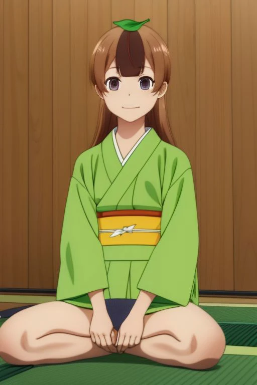 a young girl, (<lora:Mameda V1>:0.8), Daikokutei Mameda, (green leaf on head), Washitsu background, sitting on tatami mat, on knees, cowboy shot, smirk, wearing a kimono, long hair