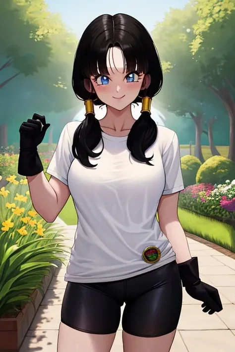 masterpiece, best quality, highres, videl2, solo, blue eyes, black hair, twintails, black gloves, bike_shorts, bangs, white shirt, badge, medium breasts, <lora:videl_v10:0.7>, cowboy shot, smile, arm behind back, garden,