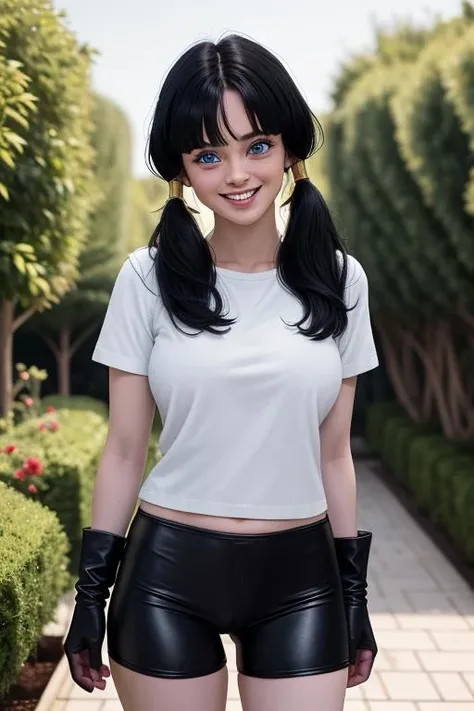 masterpiece, best quality, highres, videl2, solo, blue eyes, black hair, twintails, black gloves, bike_shorts, bangs, white shirt, badge, medium breasts, <lora:videl_v10:0.7>, cowboy shot, smile, arm behind back, garden, <lora:skinny_new_skin:0.2> <lora:detailed_eye:0.1> RAW photo, a young woman (high detailed skin:1.2), 8k uhd, dslr, soft lighting, high quality, film grain, Fujifilm XT3