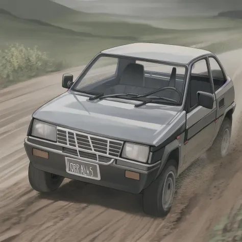 wide shot of a Fiat Panda speeding on a dirt road raising a lot of dust, extremely detailed, detailed background