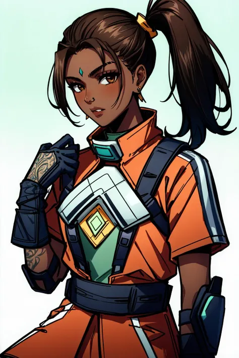 (masterpiece, best quality),  intricate details, 
1girl, <lora:Rampart:0.8> Rampart, dark skin,forehead jewel ,nose piercing, side ponytail ,brown hair,
jewelry, orange jumpsuit with white stripes, knee pads , right glove, green top, left arm tattoo,