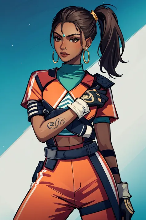 (masterpiece, best quality), intricate details,
1girl, <lora:Rampart:0.8> Rampart, dark skin,forehead jewel ,nose piercing, side ponytail ,brown hair,
jewelry, orange jumpsuit with white stripes, knee pads , right glove, green top, left arm tattoo,
