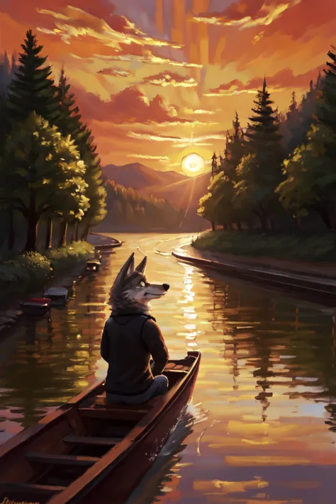 solo, anthro, wolf, canine,
impressionist (oil painting:1.2) of a (a cute Larry \(Zootopia\), on a boat), river, dark, sunset, nature, detailed background
<lora:Larry&GarryFRL27nO:1>