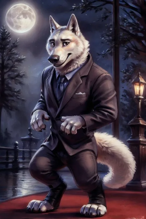 gary \(zootopia\), (white body:1.4), white fur, zootopia, canine, wolf, detailed fur, male, anthro, pawpads, finger claws, 5 fingers, paws, 4 toes, night, full moon, tail, red carpet, suit, black tie \(suit\), brown eyes, smile, happy, looking at viewer,
BREAK
by bruteandbrawn, by personalami, by kenket, (intricate, high detail, film photography, soft focus, RAW candid cinema,
photorealism, realistic, photorealistic, analog style, subsurface scattering,
masterpiece, best quality, ultra realistic, 8k)
