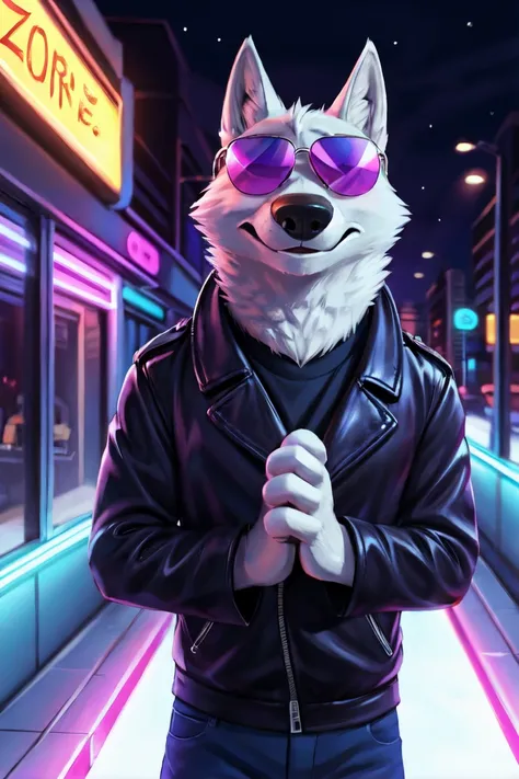cute cartoon of a (gary \(zootopia\)) wearing a (leather jacket) and (sunglasses), solo, wolf, white fur,
BREAK,
background gay bar, neon lights, sexual depravity,
<lora:Larry&GarryFRL27nO:1>