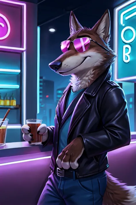 cute cartoon of a (larry \(zootopia\)) wearing a (leather jacket) and (sunglasses), solo, wolf, brown fur,
BREAK,
background gay bar, neon lights, sexual depravity,
<lora:Larry&GarryFRL27nO:1>