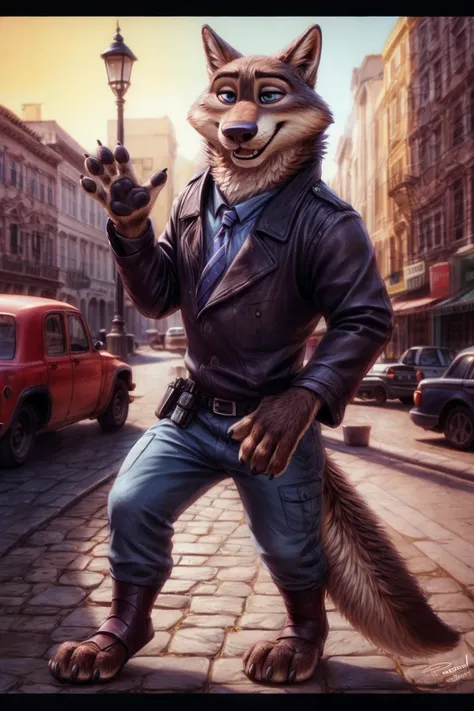 larry (zootopia), wolf, grey fur, (brown body:1.3), blue eyes, zootopia, clothed, black jacket, canine, wolf, detailed fur, male, anthro, pawpads, finger claws, waving, waving at viewer, 5 fingers, paws, 4 toes,
BREAK
by nextel, by personalami, by xenoforge, (intricate, high detail, film photography, soft focus, RAW candid cinema,
photorealism, realistic, photorealistic, analog style, subsurface scattering,
masterpiece, best quality, ultra realistic, 8k)