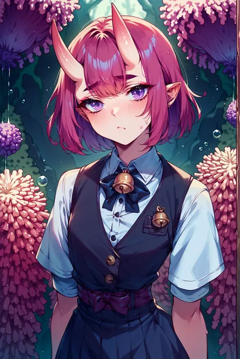 score_9,score_8_up,score_7_up,score_6_up,score_5_up,score_4_up coral, tired, lilac eyes, magenta hair, oni, waistcoat,bell bottoms, bangs, horns,, <lora:KajinmanXL:0.8>