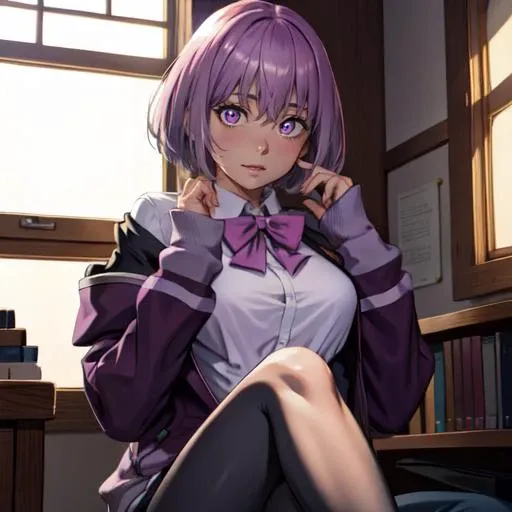 akaneshinjou, <lora:akaneshinjou:1>, shinjou akane, light purple hair, (pink eyes:1.2), short hair,black pantyhose, bow, collared shirt, hood, hooded jacket, jacket, open clothes, open jacket, open shirt, pantyhose, purple bow, purple jacket, school uniform, shirt, sleeves past wrists, unbuttoned shirt, white shirt,indoors, city, looking at viewer, (masterpiece:1.2), best quality, high resolution, unity 8k wallpaper, (illustration:0.8), (beautiful detailed eyes:1.6), extremely detailed face, perfect lighting, extremely detailed CG, (perfect hands, perfect anatomy),