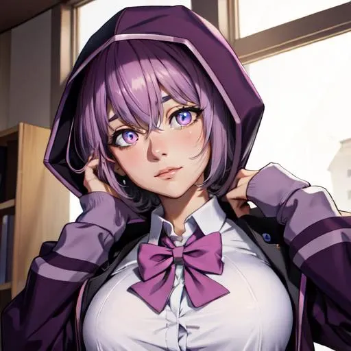 akaneshinjou, <lora:akaneshinjou:1>, shinjou akane, light purple hair, (pink eyes:1.2), short hair,black pantyhose, bow, collared shirt, hood, hooded jacket, jacket, open clothes, open jacket, open shirt, pantyhose, purple bow, purple jacket, school uniform, shirt, sleeves past wrists, unbuttoned shirt, white shirt,indoors, city, looking at viewer, (masterpiece:1.2), best quality, high resolution, unity 8k wallpaper, (illustration:0.8), (beautiful detailed eyes:1.6), extremely detailed face, perfect lighting, extremely detailed CG, (perfect hands, perfect anatomy),