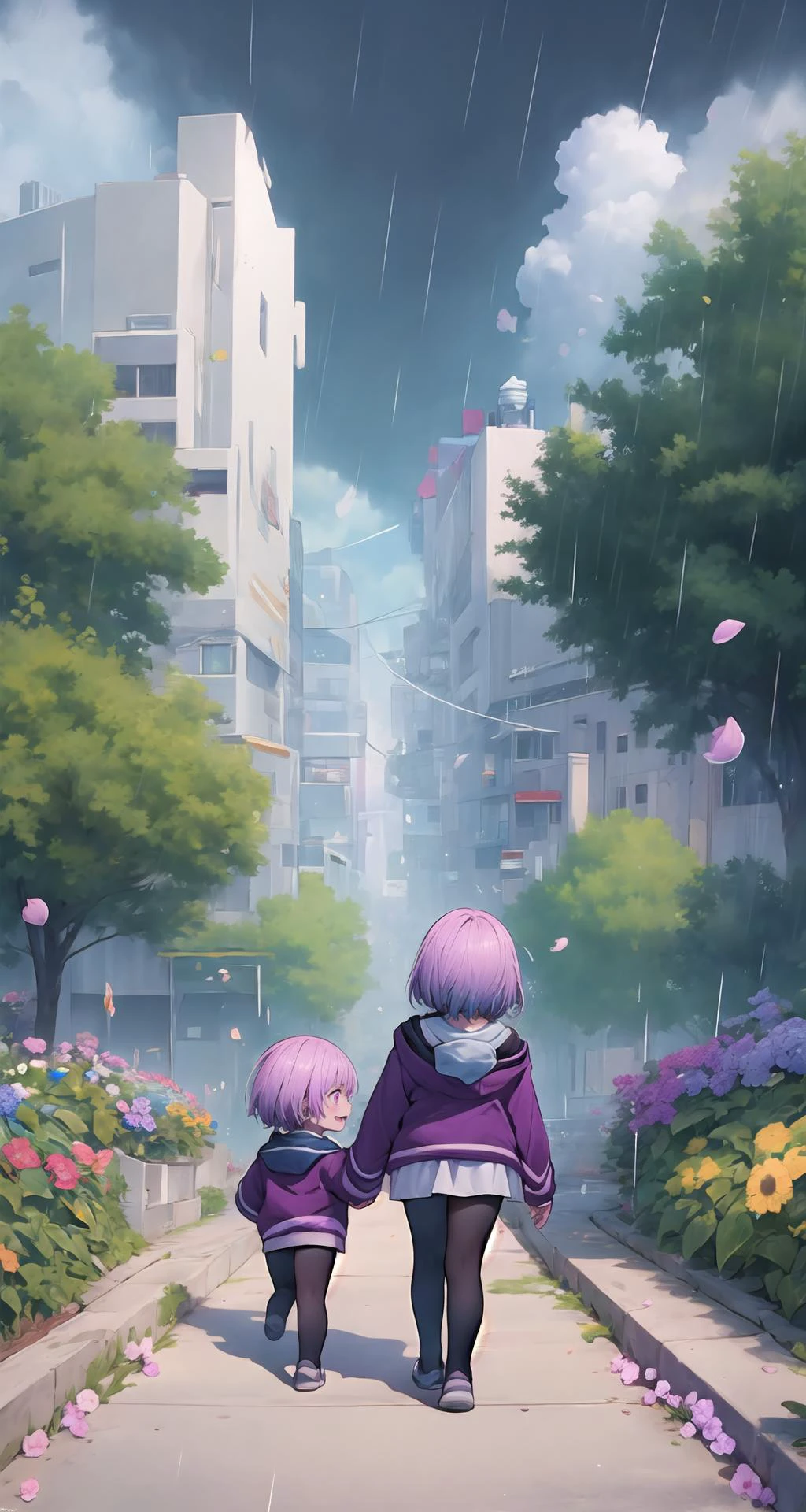(masterpiece),(intricate details),1girl,mature female,pale skin,large breasts:1.49,determined _face,
BREAK
akaneshinjou, <lora:akaneshinjou:1>, shinjou akane, light purple hair, (pink eyes:1.2), short hair, BREAK black pantyhose, bow, collared shirt, hood, hooded jacket, jacket, open clothes, open jacket, open shirt, pantyhose, purple bow, purple jacket, school uniform, shirt, sleeves past wrists, unbuttoned shirt, white shirt|,
((walking on the A vibrant city park bursts with life, as families gather for picnics on emerald lawns, children laugh and play on playgrounds, and colorful flowers bloom in every corner.)),((full body)),from above:1.1,depth of field,looking at viewer
BREAK
day,sun,raining,rainbow,((cumulonimbus)),
<lora:maplestory_2_ver1:1>,<lora:EyeControl_Jitome_v2:1.4>