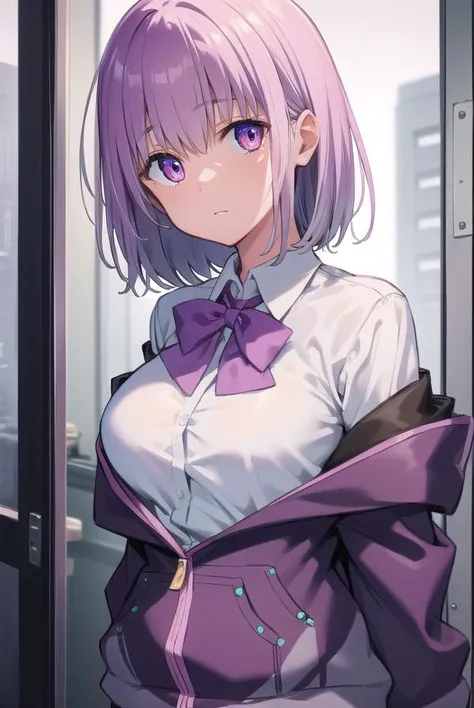 akaneshinjou, <lora:akaneshinjou:1>, shinjou akane, light purple hair, (pink eyes:1.2), short hair,
BREAK black pantyhose, bow, collared shirt, hood, hooded jacket, jacket, open clothes, open jacket, open shirt, pantyhose, purple bow, purple jacket, school uniform, shirt, sleeves past wrists, unbuttoned shirt, white shirt,
BREAK indoors, city,
BREAK looking at viewer, BREAK <lora:GoodHands-vanilla:1>, (masterpiece:1.2), best quality, high resolution, unity 8k wallpaper, (illustration:0.8), (beautiful detailed eyes:1.6), extremely detailed face, perfect lighting, extremely detailed CG, (perfect hands, perfect anatomy),