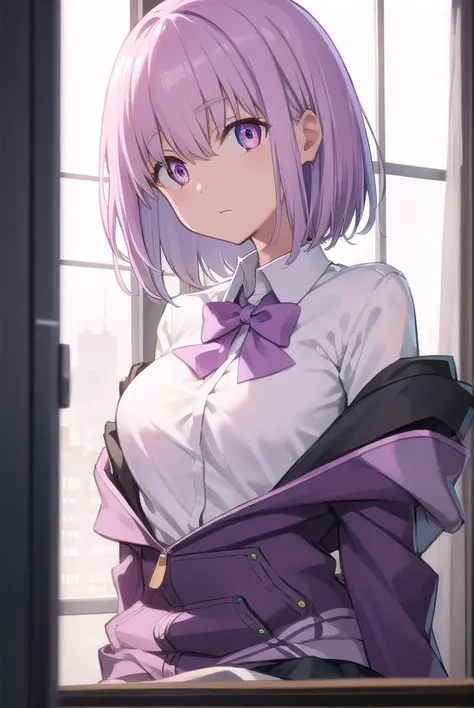 akaneshinjou, <lora:akaneshinjou:1>, shinjou akane, light purple hair, (pink eyes:1.2), short hair,
BREAK black pantyhose, bow, collared shirt, hood, hooded jacket, jacket, open clothes, open jacket, open shirt, pantyhose, purple bow, purple jacket, school uniform, shirt, sleeves past wrists, unbuttoned shirt, white shirt,,
BREAK indoors, city,
BREAK looking at viewer, BREAK <lora:GoodHands-vanilla:1>, (masterpiece:1.2), best quality, high resolution, unity 8k wallpaper, (illustration:0.8), (beautiful detailed eyes:1.6), extremely detailed face, perfect lighting, extremely detailed CG, (perfect hands, perfect anatomy),