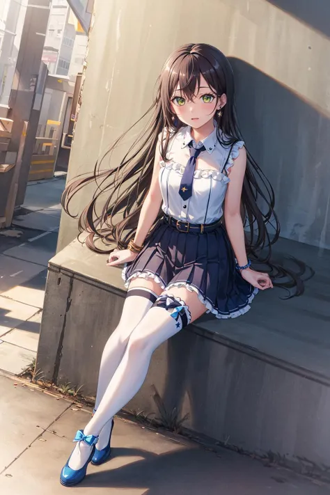 ((masterpiece)), (best quality), official art, extremely detailed CG, unity 8k wallpaper, ultra detailed, highly detailed, detailed background, vivid color,
1girl, tae,black hair,long hair,green eyes,
skirt, shirt, thighhighs, bow, white shirt, pleated skirt, frills, necktie, sleeveless, collared shirt, belt, miniskirt, star symbol, bracelet, blue skirt, zettai ryouiki, sleeveless shirt, blue bow, blue footwear,
Sitting with legs tucked under, urban graffiti, vibrant street art, creative expression, colorful,
<lora:TAE:0.7>