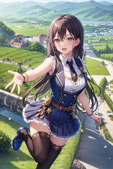 ((masterpiece)), (best quality), official art, extremely detailed CG, unity 8k wallpaper, ultra detailed, highly detailed, detailed background, vivid color,
1girl, tae,black hair,long hair,green eyes,
skirt, shirt, thighhighs, bow, white shirt, pleated skirt, frills, necktie, sleeveless, collared shirt, belt, miniskirt, star symbol, bracelet, blue skirt, zettai ryouiki, sleeveless shirt, blue bow, blue footwear,
Leaping with one hand reaching up, vineyard, sprawling countryside, terraced slopes, winery,
<lora:TAE:0.7>