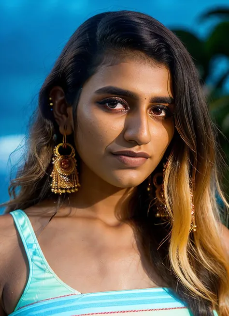 portrait of skswoman, suspicious , wearing beachwear , with blonde Beachy waves , background night sky epic (photo, studio lighting, hard light, sony a7, 50 mm, matte skin, pores, colors, hyperdetailed, hyperrealistic), <lyco:Priya Prakash Varrier:1.1>