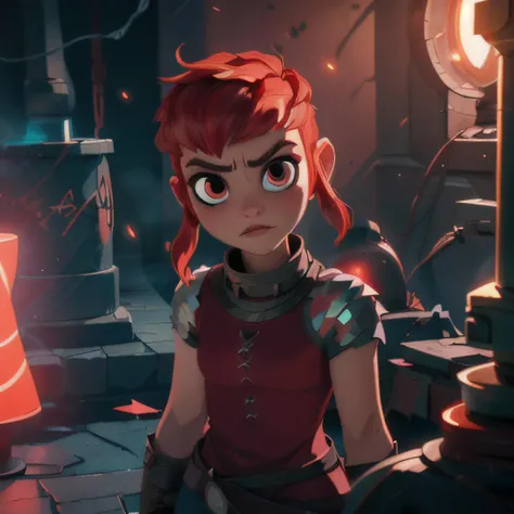 (8k, best lighting, masterpiece, best quality, best luminosity, best shadow, particles, bloom, extra lights, cinematic lights), GlowingRunes_red, nimona, (1girl, solo), brave, standing, focus face, (looking at viewer, red hair, sharp), <lora:add_detail:0.5> <lora:GlowingRunesAIv4:0.5> <lora:nimona:0.6>