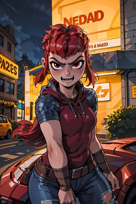 <lora:nimona:0.7> nimona, (best quality), masterpiece, , 1girl ,solo, looking at viewer, red hair, sharp teeth , sfw, black hoodie, blue jeans, bandana,, street background, night, neon lights,