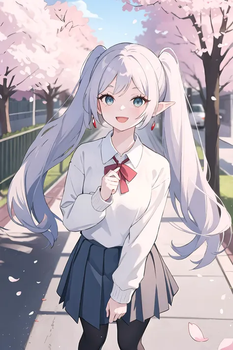 1girl, frieren, twintails, solo, school uniform, white collared shirt, sweater, pleated skirt, pantyhose, light smile, double v, looking at viewer, smile, open mouth, outdoors, street, cherry blossoms, petals, depth of field, masterpiece