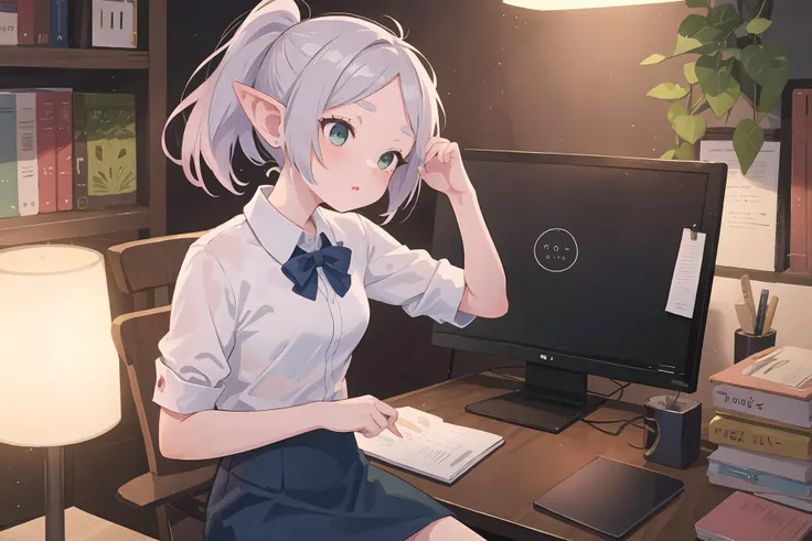 1girl, frieren,masterpiece,best quality,highres,aadouki,short hair,short ponytail,sidelocks,small breasts,collared shirt,blue shirt,blackskirt,office lady,<lora:Char-Frieren:1>