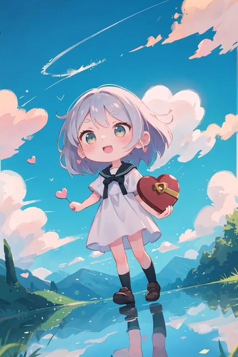 1girl, frieren, high quality, valentine's day date,many people,black border, cloud, cloudy sky, cloudyhearts, heart, heart of the clouds, no humans, outdoors, reflection, sky, <lora:Char-Frieren:1>