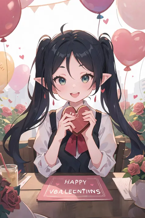 1girl, frieren, twintails, solo,winking, text banner saying "Happy Valentine's Day",Valentine's theme with roses and balloon,<lora:Char-Frieren:1>