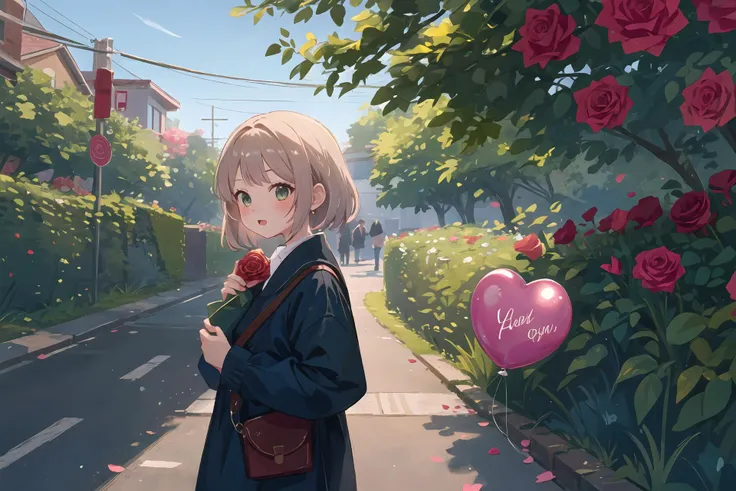1girl, frieren, high quality, valentine's day date,in the street, Valentine's theme with roses and balloon, many people, <lora:Char-Frieren:1>