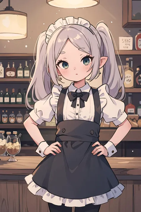 1girl, frieren, twintails, solo, maid, maid headdress, maid apron, shy, pantyhose, hands on hips, looking at viewer, cowboy shot, bar \(place\), indoors, depth of field, masterpiece