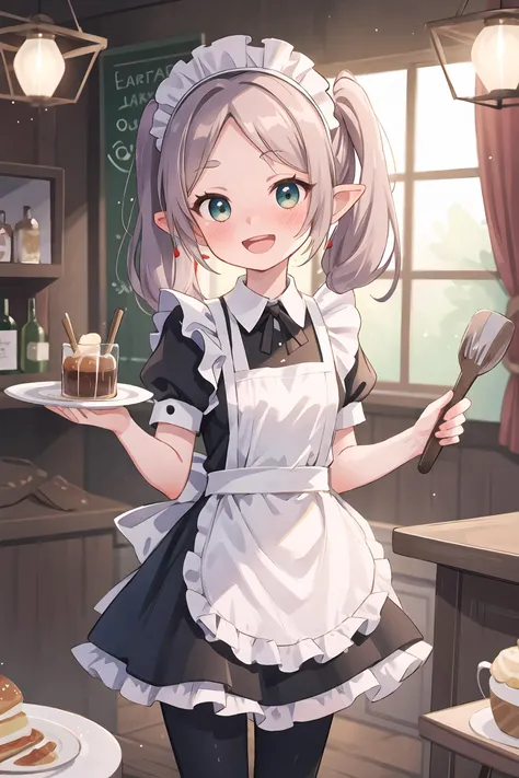 1girl, frieren, twintails, solo, maid, maid headdress, maid apron, embarrassed, pantyhose, open mouth, blush, smile, open mouth, holding plate, looking at viewer, cowboy shot, bar \(place\), indoors, depth of field, masterpiece