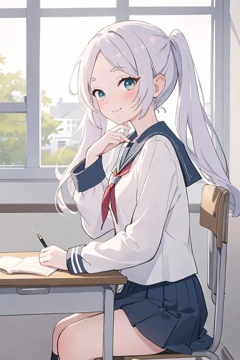 1girl, frieren, twintails, school uniform, serafuku, sitting, school desk, school chair, hand on own chin, from side, looking at viewer, light smile, blush, window, floating hair, sunbeam, depth of field, masterpiece