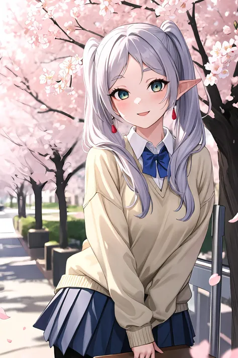 1girl, frieren, twintails, solo, school uniform, white collared shirt, sweater, pleated skirt, pantyhose, light smile, looking at viewer, outdoors, street, cherry blossoms, petals, depth of field, masterpiece