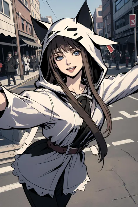 (masterpiece, best_quality, ultra-detailed, immaculate:1.3), detailed woman, shoka \(twewy\) <lora:Shoka_08:0.8>, outside, in the city, animal hood, happy, looking at viewer, open arms